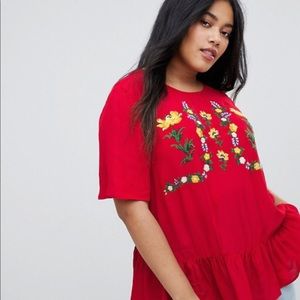 ASOS Curve Embroidered Ruffled Hem Tee Red Size 14
